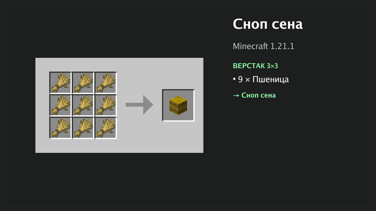 Рецепт: сноп сена в Minecraft — 9 × пшеница (верстак 3×3)