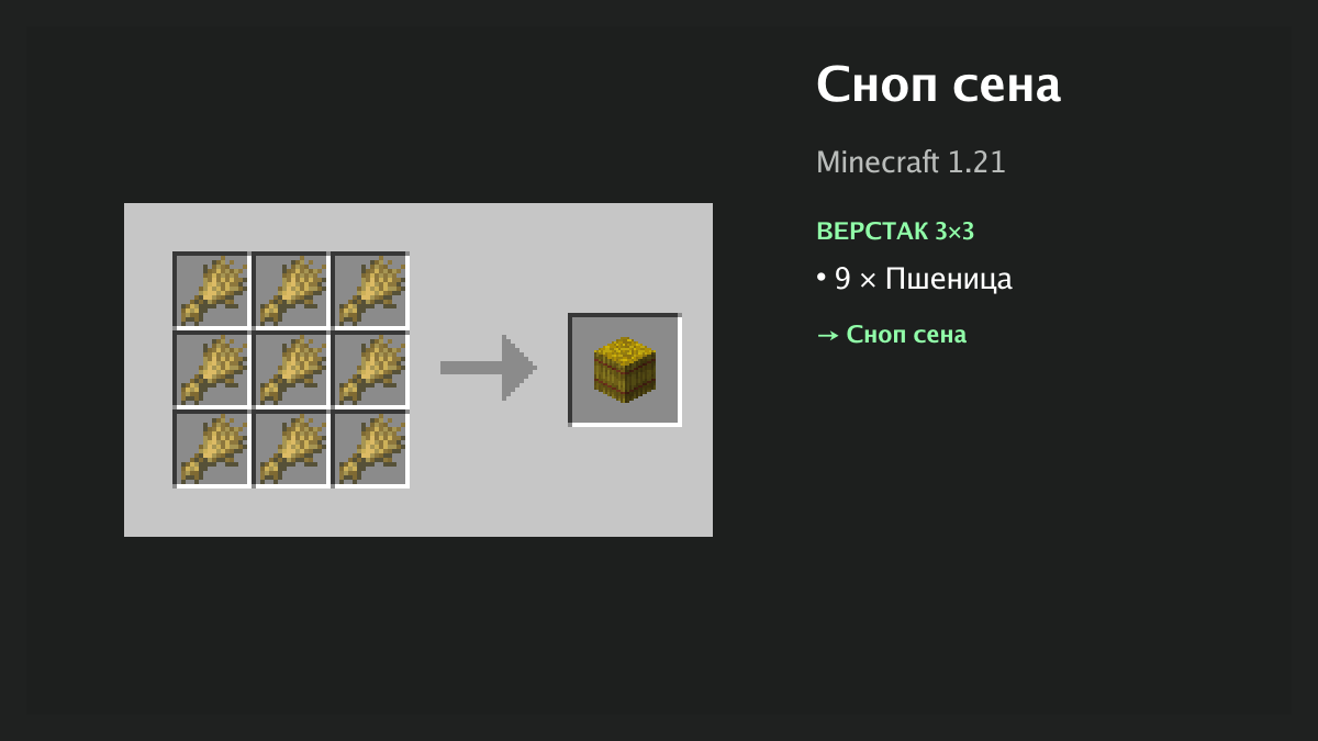 Рецепт: сноп сена в Minecraft — 9 × пшеница (верстак 3×3)
