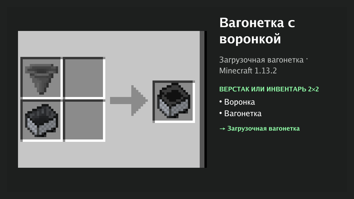 Рецепт: вагонетка с воронкой в Minecraft — воронка, вагонетка (верстак или инвентарь 2×2)