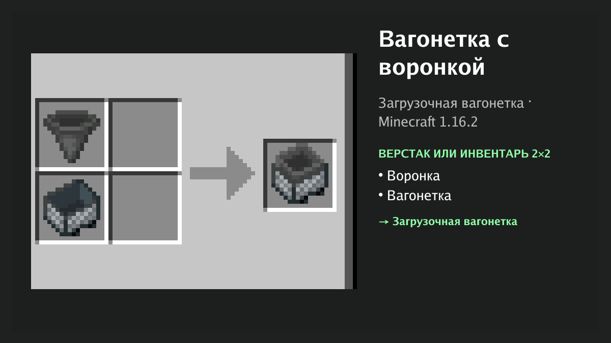 Рецепт: вагонетка с воронкой в Minecraft — воронка, вагонетка (верстак или инвентарь 2×2)