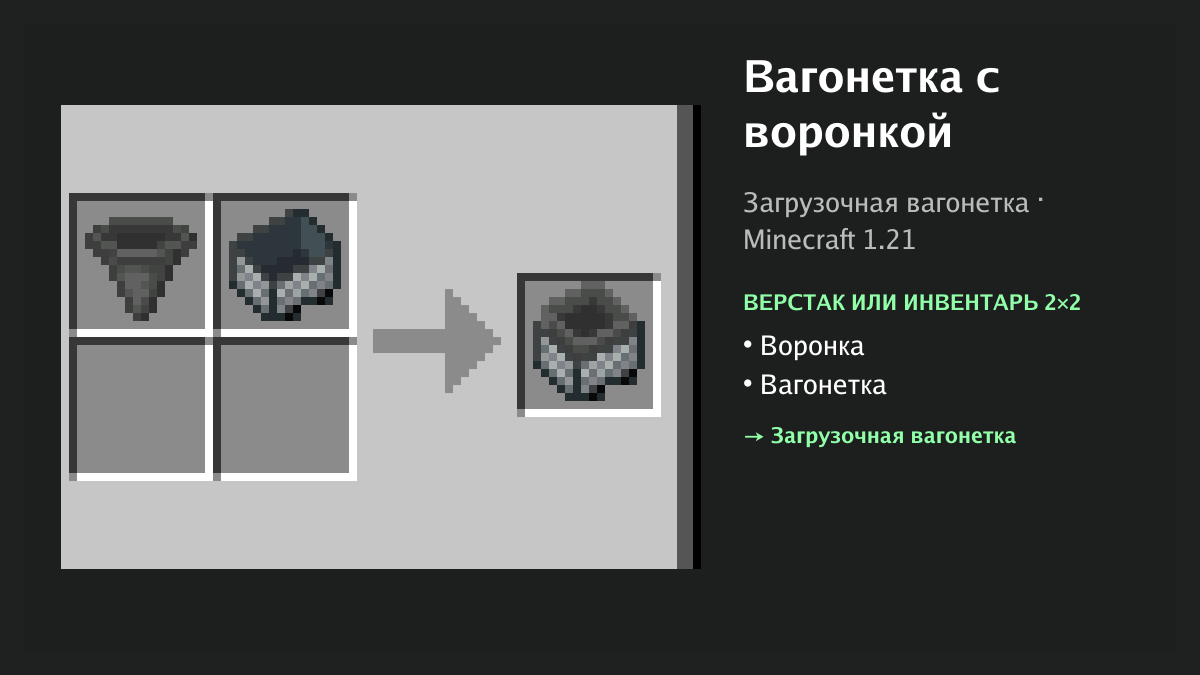 Рецепт: вагонетка с воронкой в Minecraft — воронка, вагонетка (верстак или инвентарь 2×2)