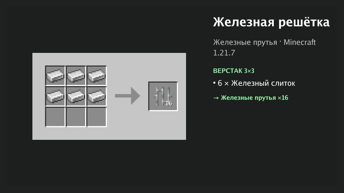 Рецепт: железная решётка в Minecraft — 6 × железный слиток (верстак 3×3)