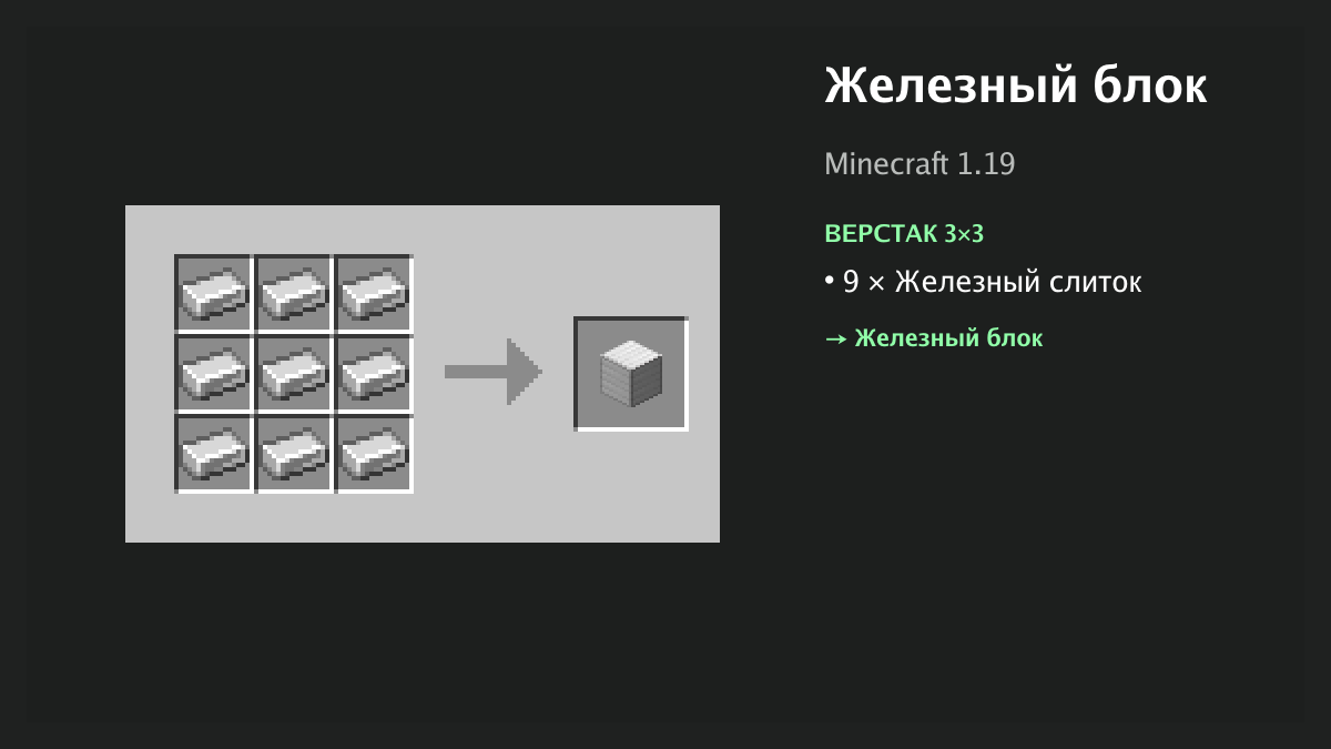 Рецепт: железный блок в Minecraft — 9 × железный слиток (верстак 3×3)