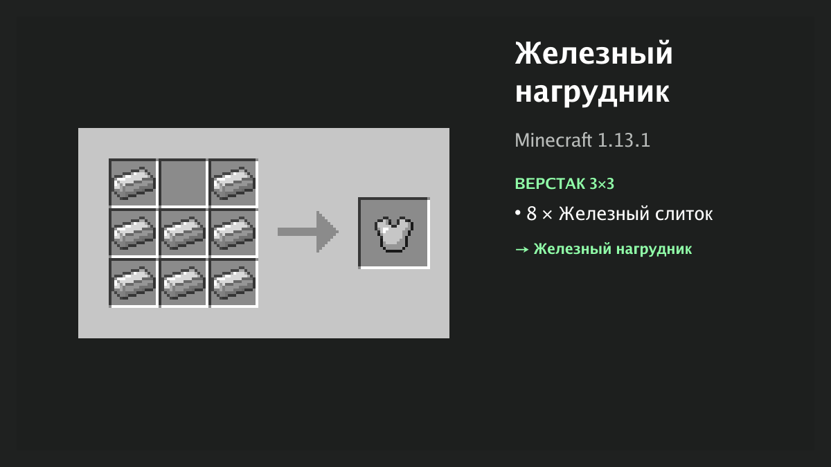 Рецепт: железный нагрудник в Minecraft — 8 × железный слиток (верстак 3×3)