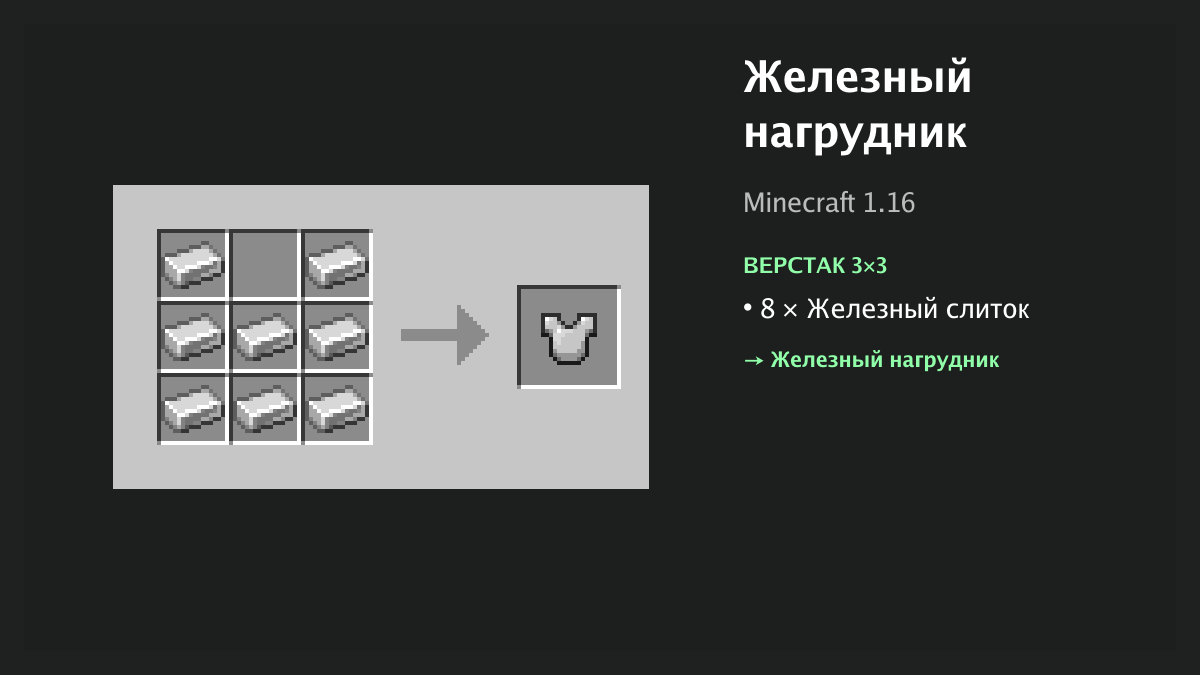 Рецепт: железный нагрудник в Minecraft — 8 × железный слиток (верстак 3×3)