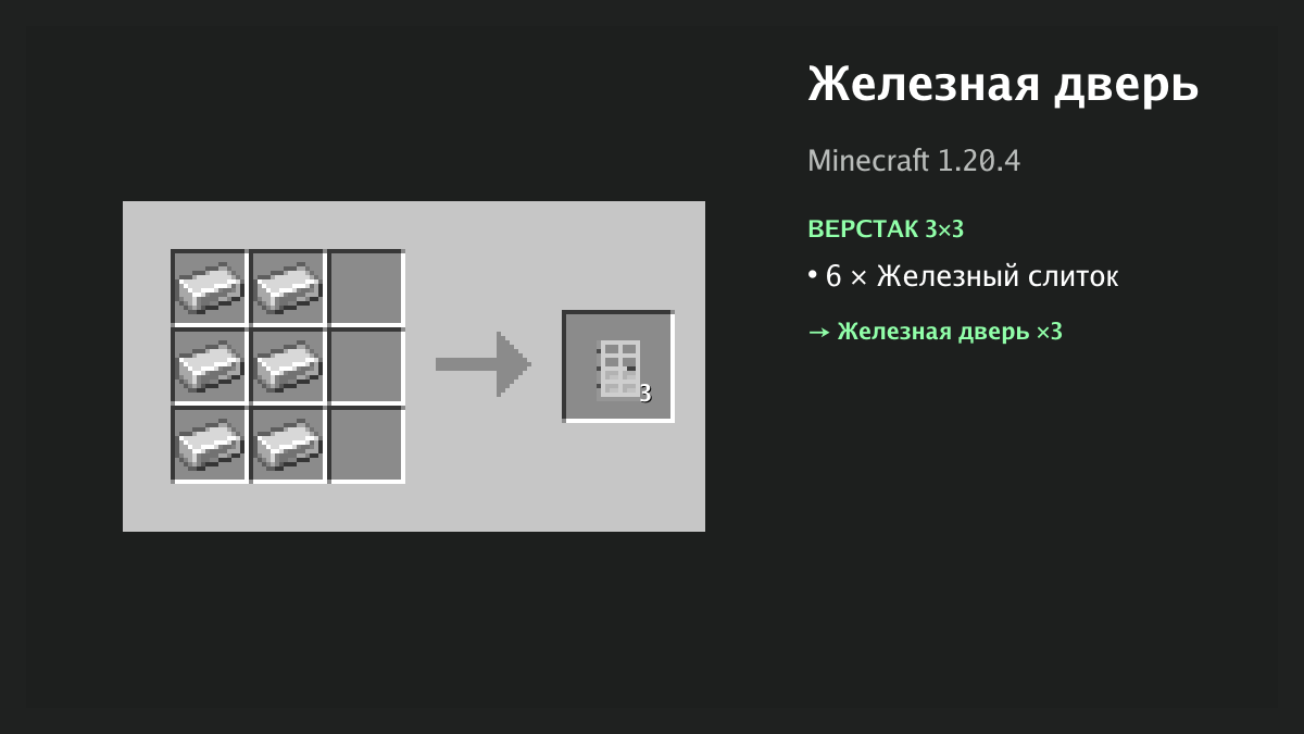 Рецепт: железная дверь в Minecraft — 6 × железный слиток (верстак 3×3)