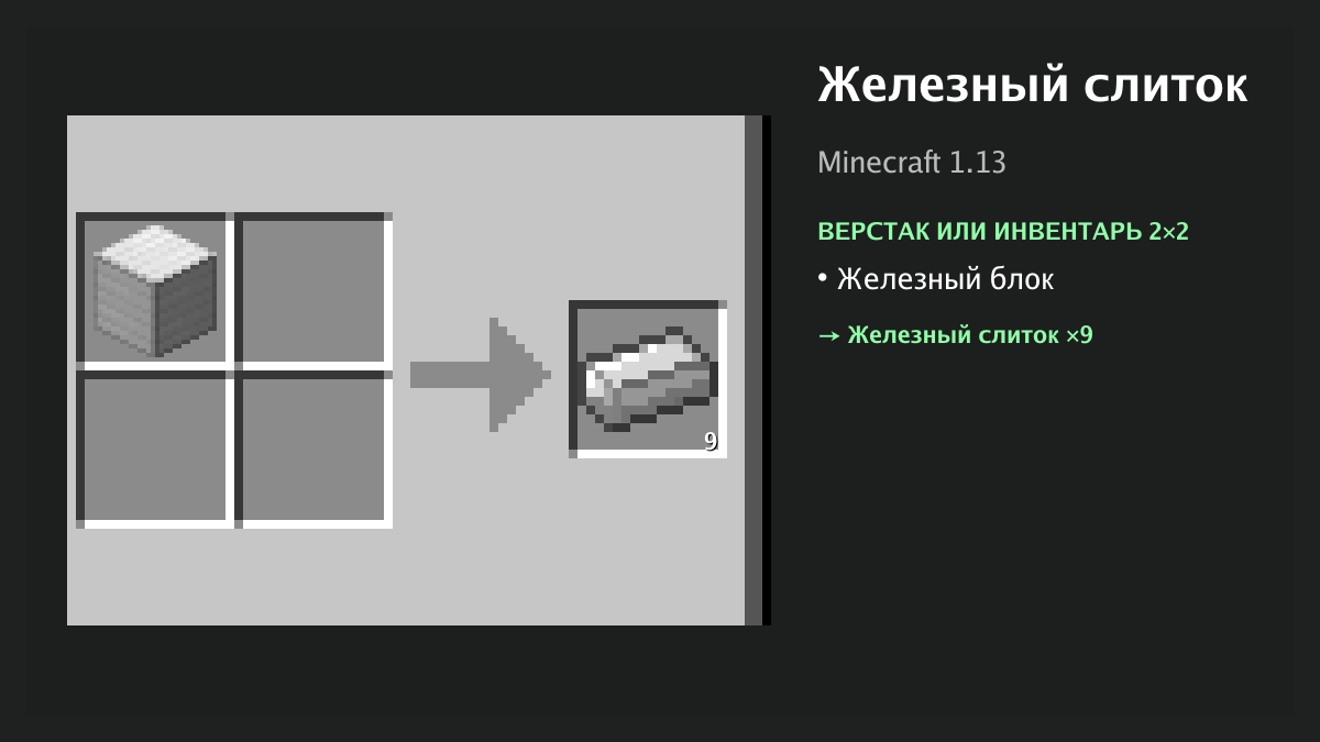 Рецепт: железный слиток в Minecraft — железный блок (верстак или инвентарь 2×2)