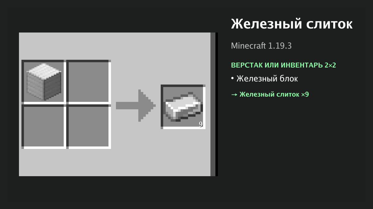 Рецепт: железный слиток в Minecraft — железный блок (верстак или инвентарь 2×2)