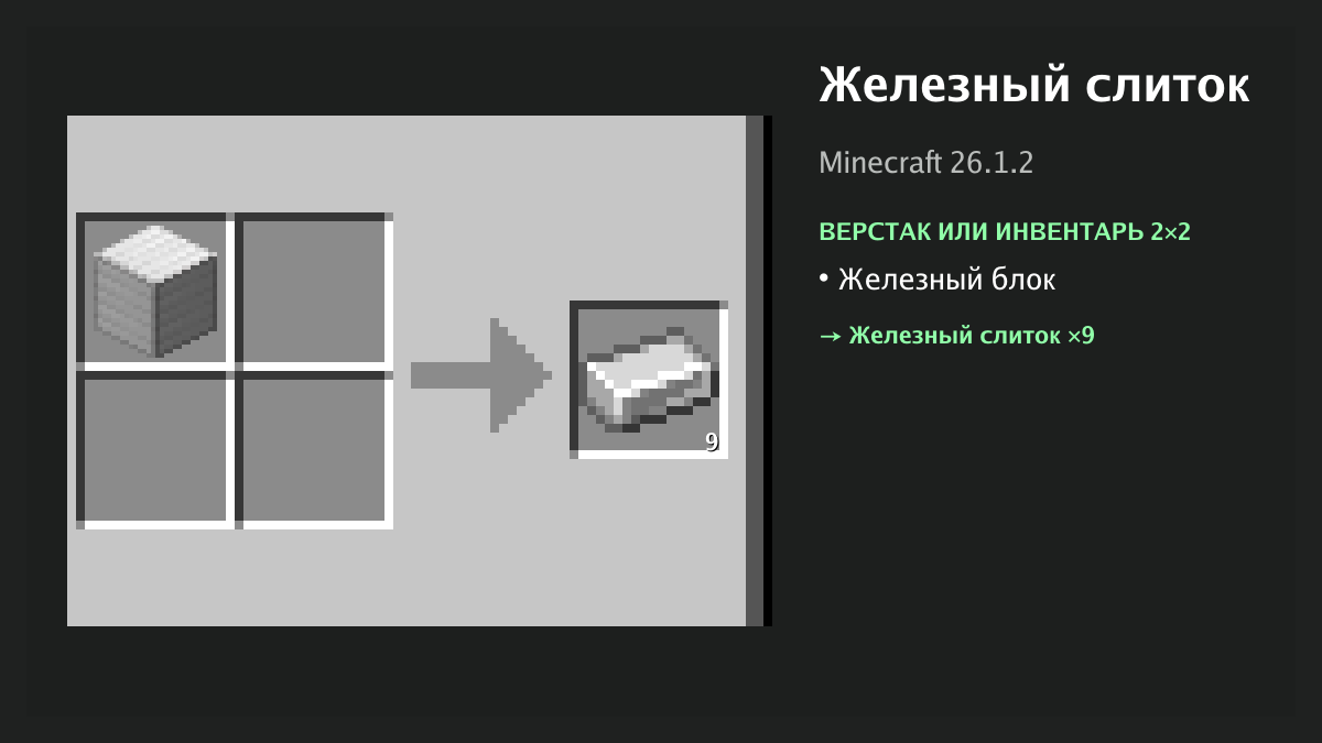 Рецепт: железный слиток в Minecraft — железный блок (верстак или инвентарь 2×2)
