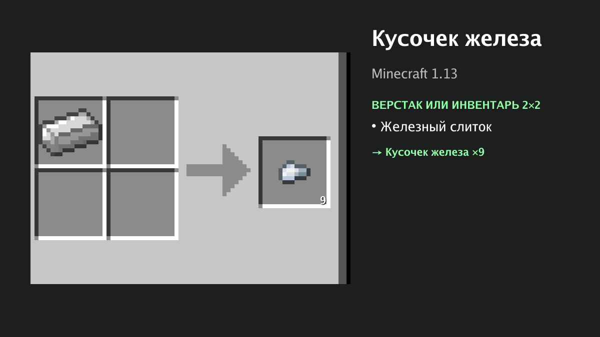Рецепт: кусочек железа в Minecraft — железный слиток (верстак или инвентарь 2×2)