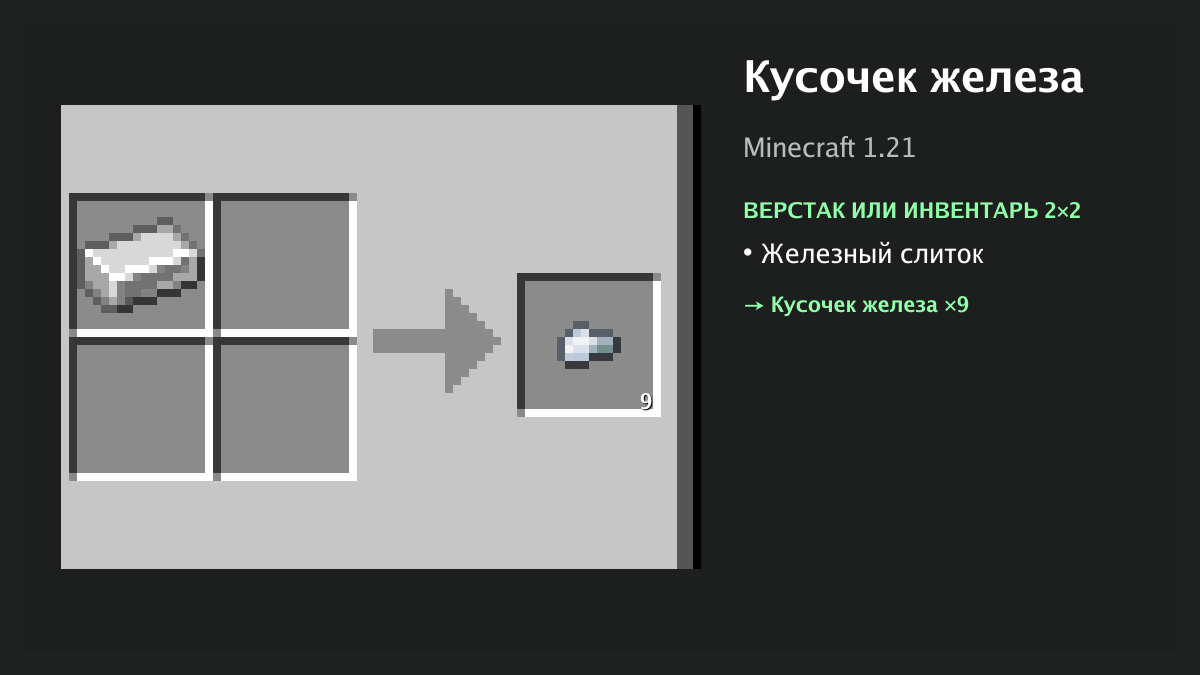 Рецепт: кусочек железа в Minecraft — железный слиток (верстак или инвентарь 2×2)