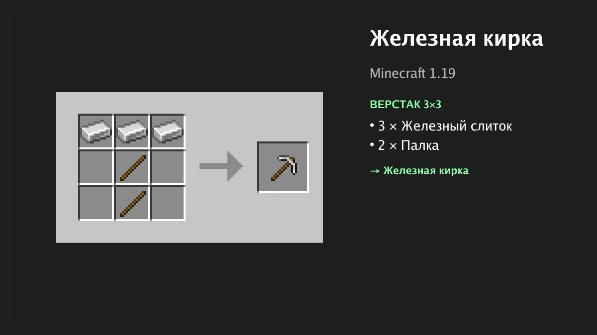 Рецепт: железная кирка в Minecraft — 3 × железный слиток, 2 × палка (верстак 3×3)