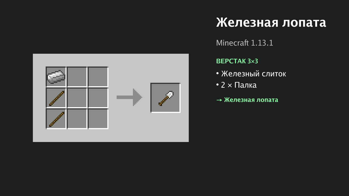 Рецепт: железная лопата в Minecraft — железный слиток, 2 × палка (верстак 3×3)