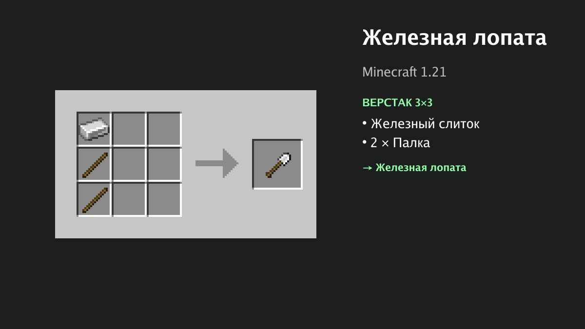 Рецепт: железная лопата в Minecraft — железный слиток, 2 × палка (верстак 3×3)