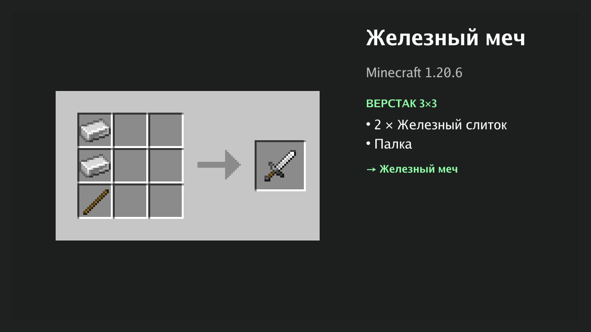Рецепт: железный меч в Minecraft — 2 × железный слиток, палка (верстак 3×3)