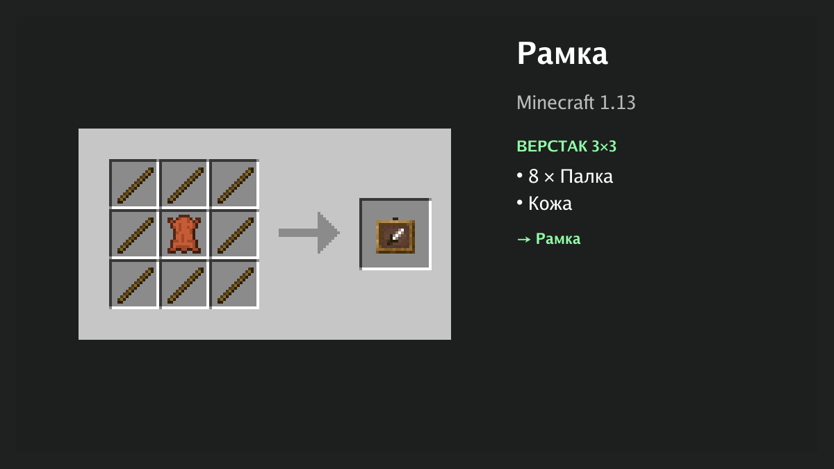 Рецепт: рамка в Minecraft — 8 × палка, кожа (верстак 3×3)