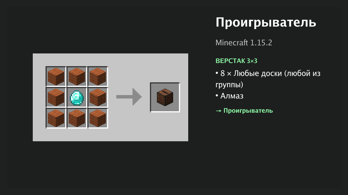 Рецепт: проигрыватель в Minecraft — 8 × любые доски, алмаз (верстак 3×3)