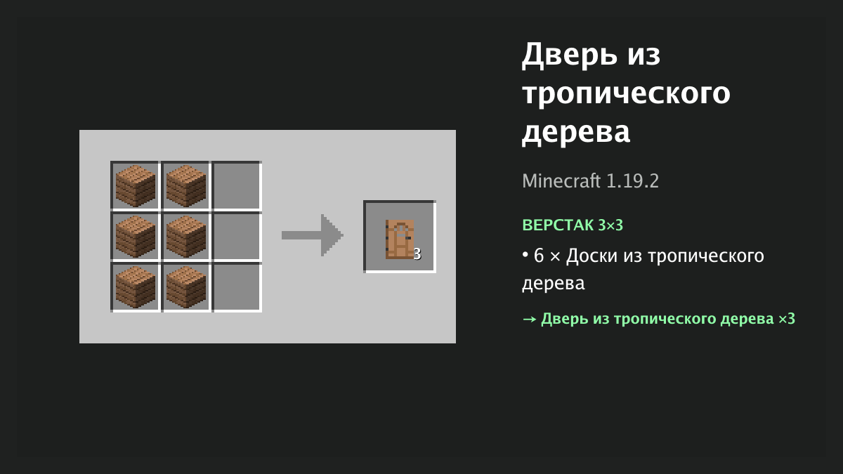 Рецепт: дверь из тропического дерева в Minecraft — 6 × доски из тропического дерева (верстак 3×3)