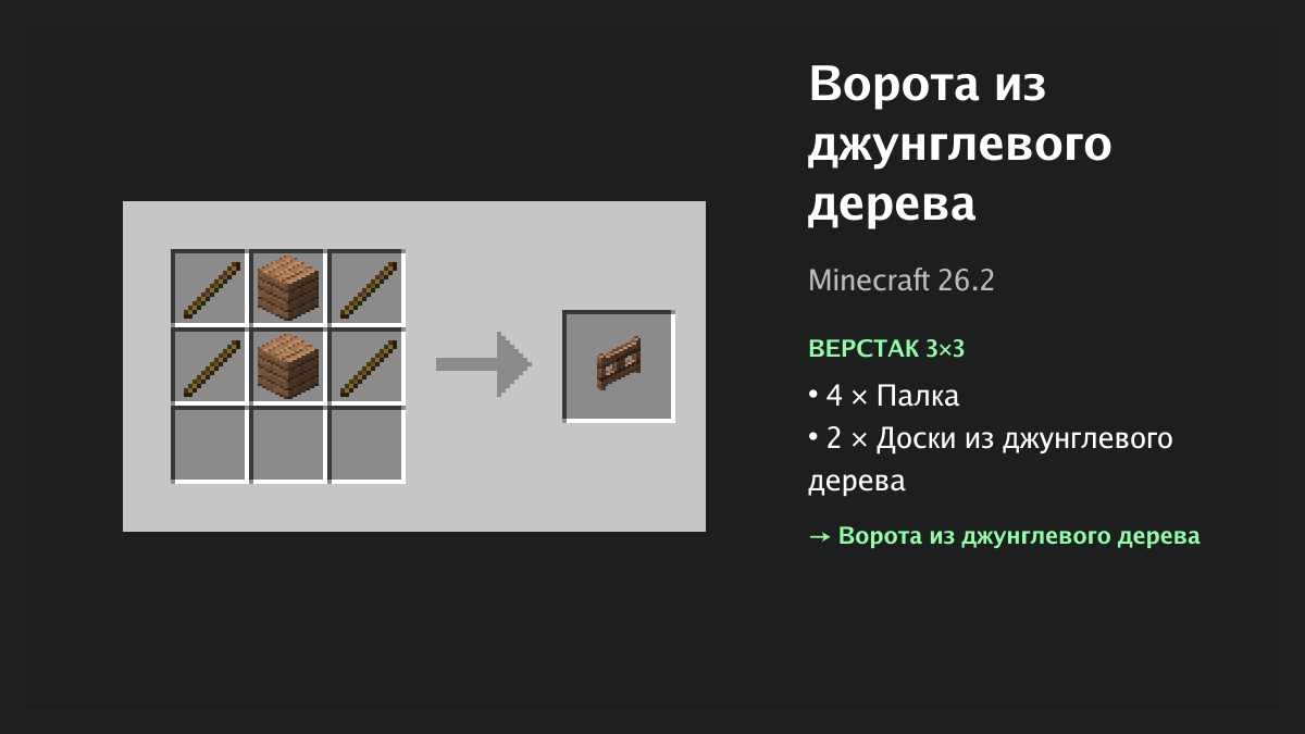 Рецепт: ворота из джунглевого дерева в Minecraft — 4 × палка, 2 × доски из джунглевого дерева (верстак 3×3)