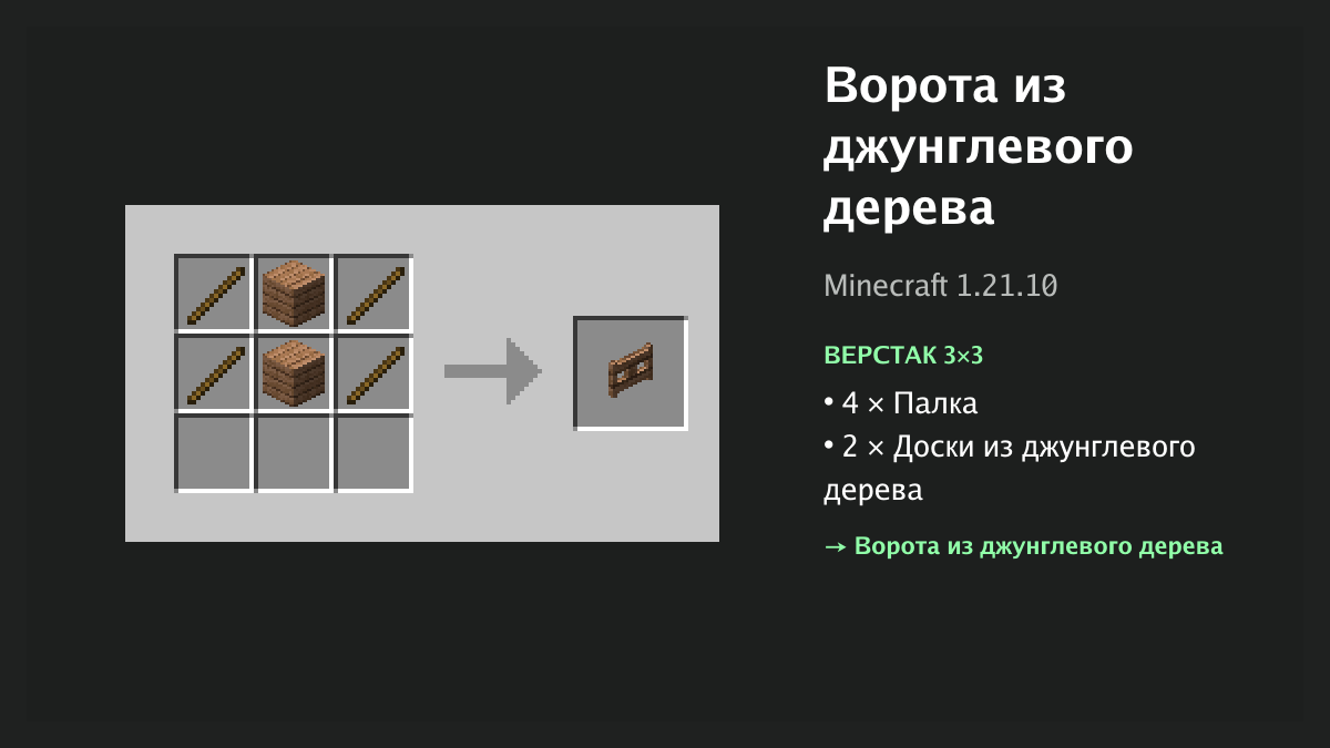 Рецепт: ворота из джунглевого дерева в Minecraft — 4 × палка, 2 × доски из джунглевого дерева (верстак 3×3)
