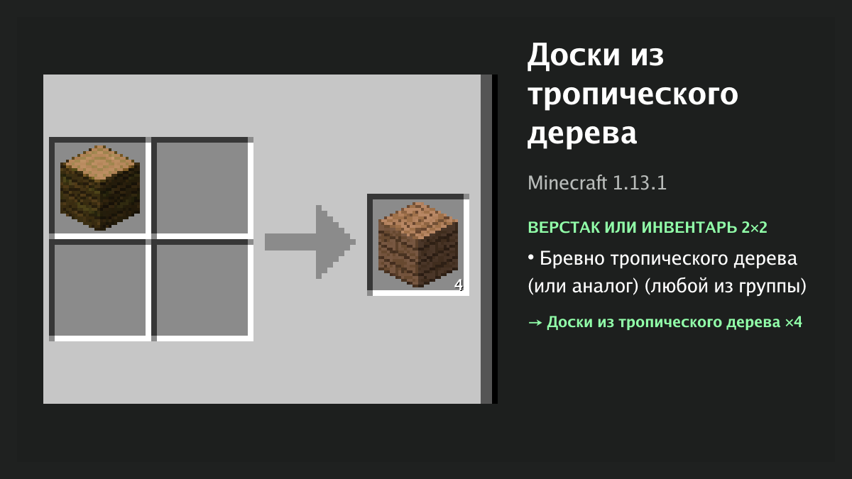 Рецепт: доски из тропического дерева в Minecraft — бревно тропического дерева (или аналог) (верстак или инвентарь 2×2)