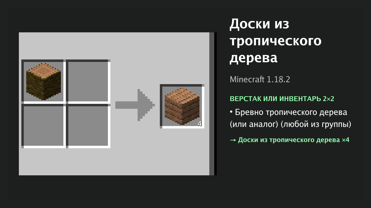 Рецепт: доски из тропического дерева в Minecraft — бревно тропического дерева (или аналог) (верстак или инвентарь 2×2)