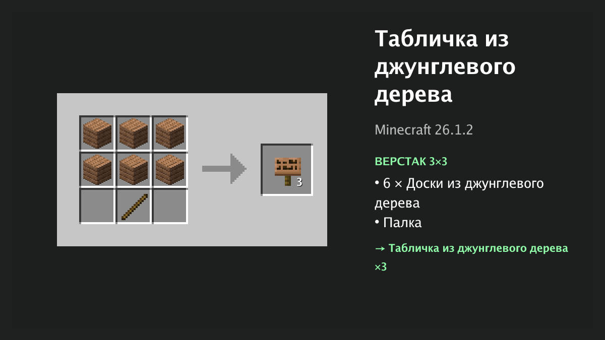 Рецепт: табличка из джунглевого дерева в Minecraft — 6 × доски из джунглевого дерева, палка (верстак 3×3)