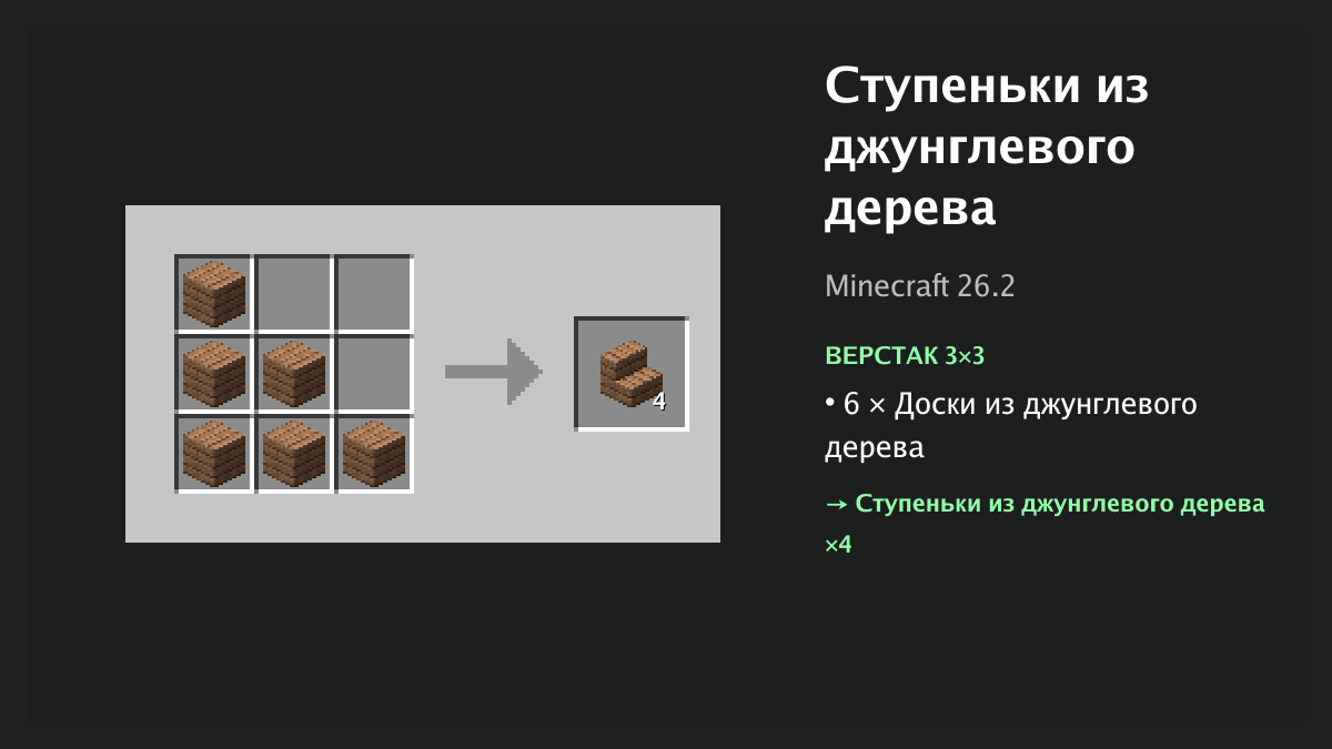 Рецепт: ступеньки из джунглевого дерева в Minecraft — 6 × доски из джунглевого дерева (верстак 3×3)