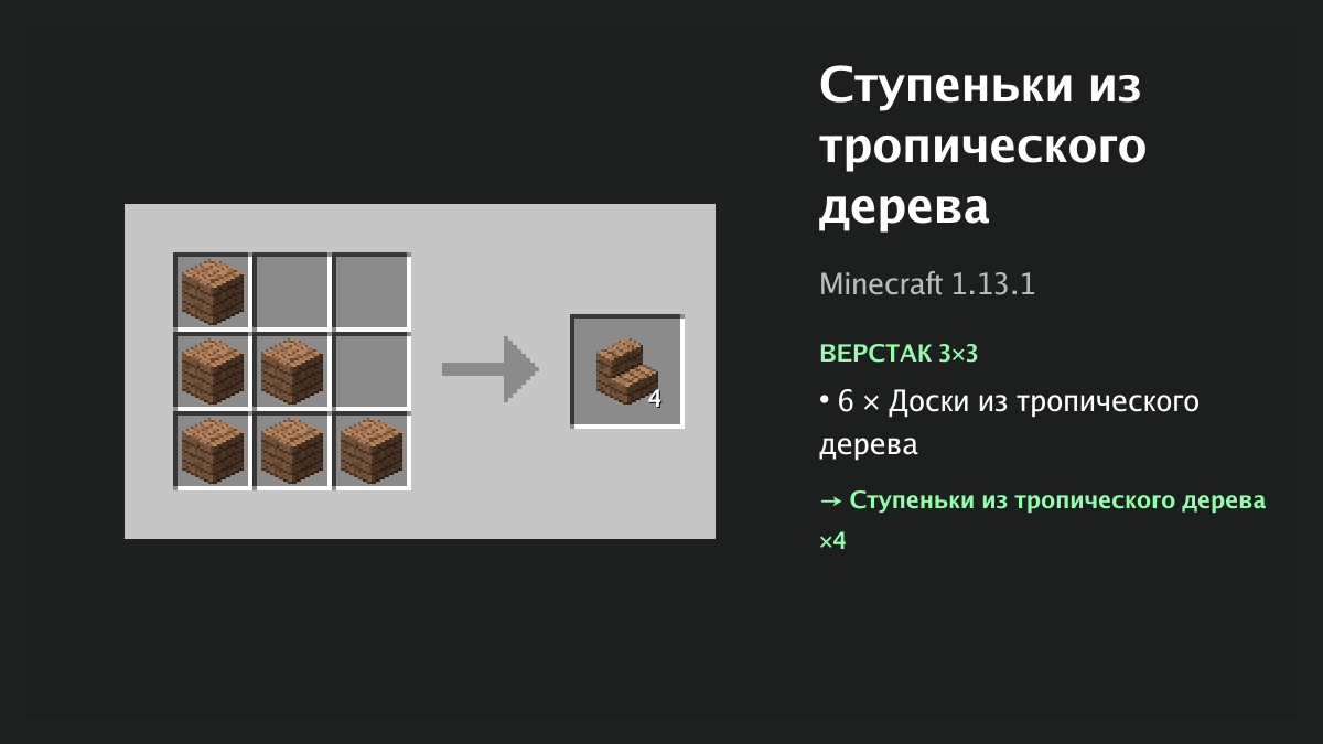Рецепт: ступеньки из тропического дерева в Minecraft — 6 × доски из тропического дерева (верстак 3×3)