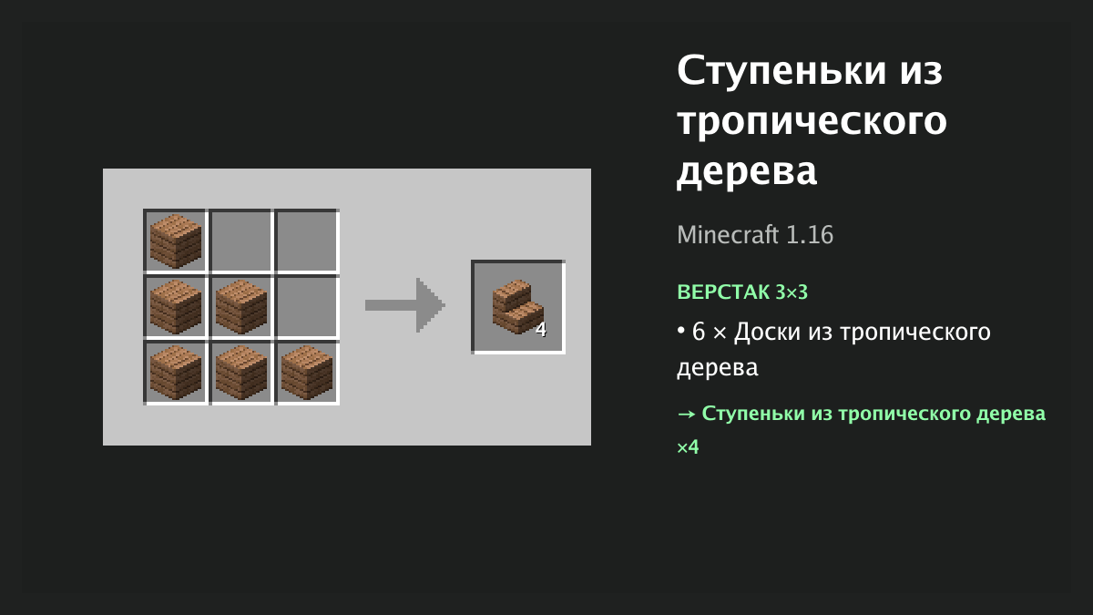 Рецепт: ступеньки из тропического дерева в Minecraft — 6 × доски из тропического дерева (верстак 3×3)