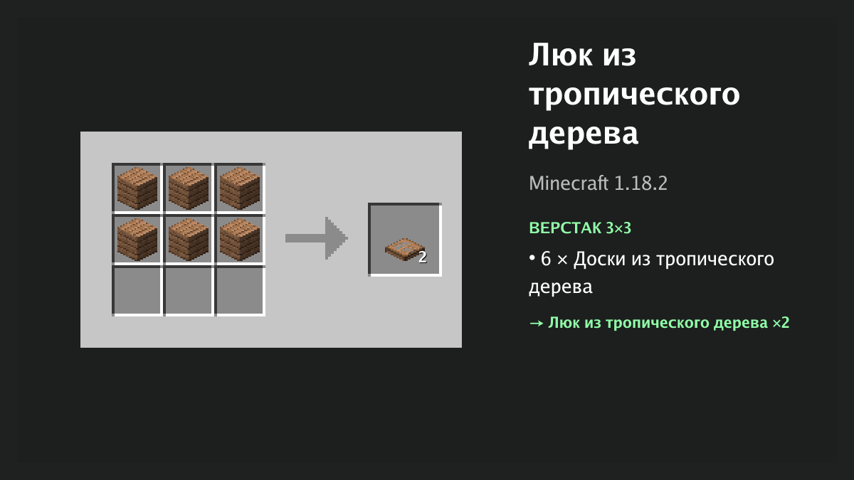 Рецепт: люк из тропического дерева в Minecraft — 6 × доски из тропического дерева (верстак 3×3)