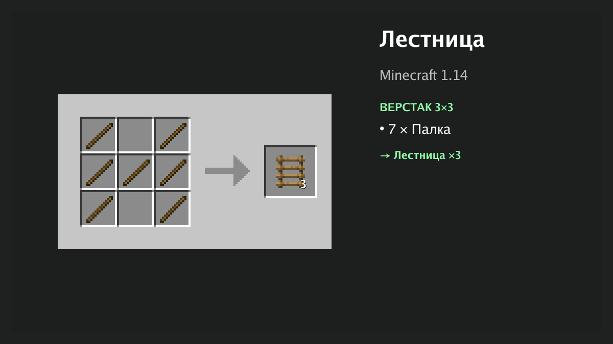 Рецепт: лестница в Minecraft — 7 × палка (верстак 3×3)