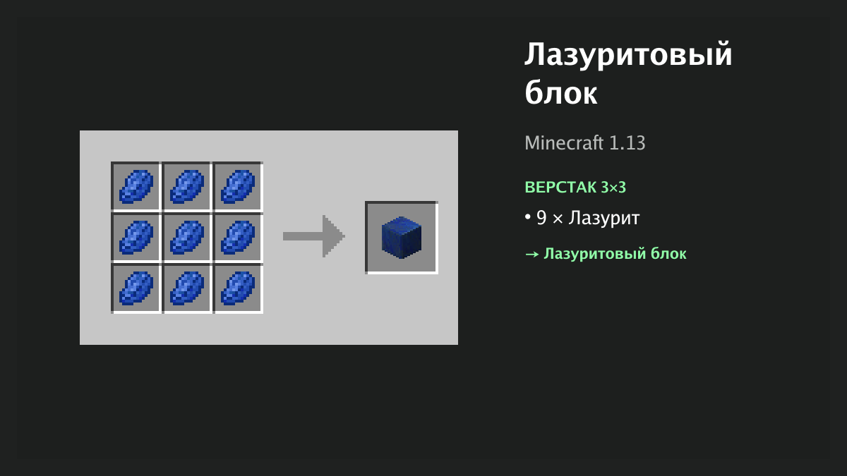 Рецепт: лазуритовый блок в Minecraft — 9 × лазурит (верстак 3×3)