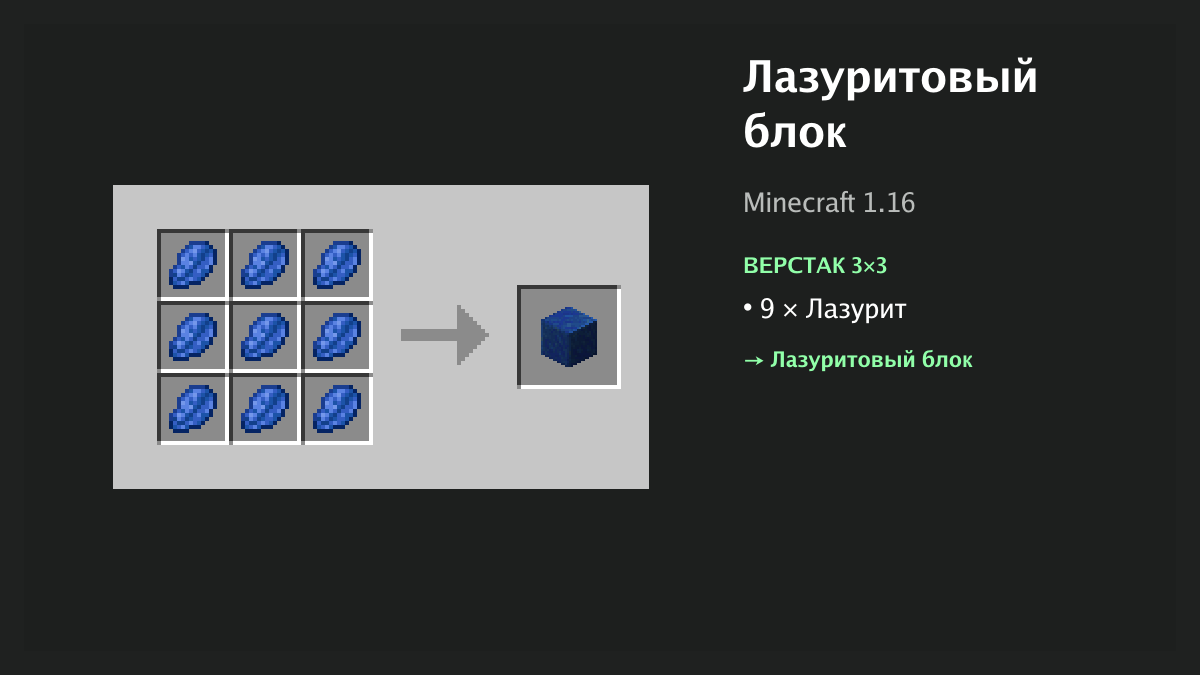 Рецепт: лазуритовый блок в Minecraft — 9 × лазурит (верстак 3×3)