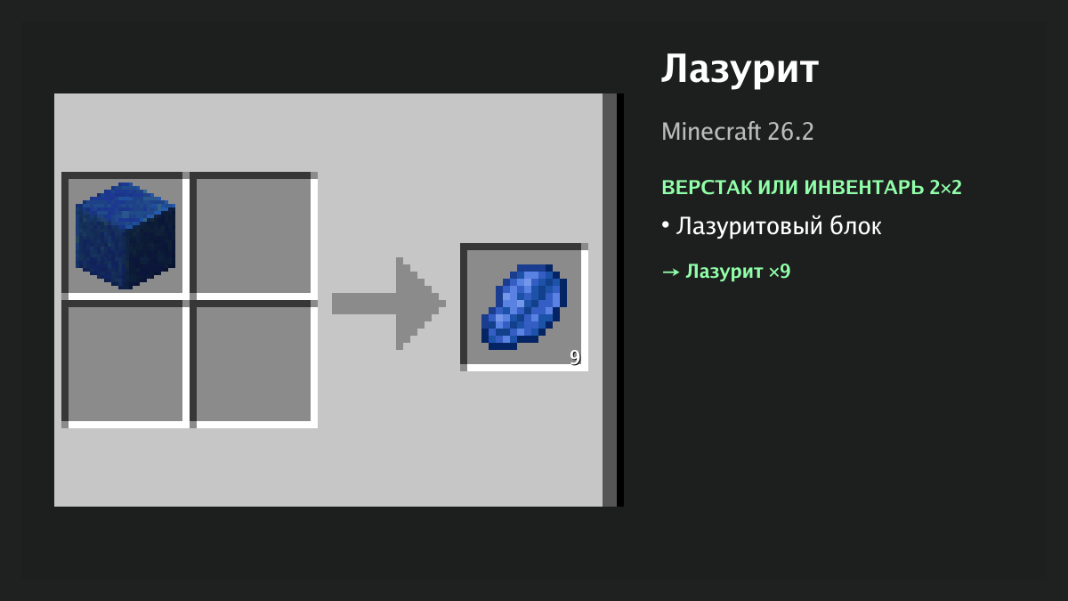 Рецепт: лазурит в Minecraft — лазуритовый блок (верстак или инвентарь 2×2)