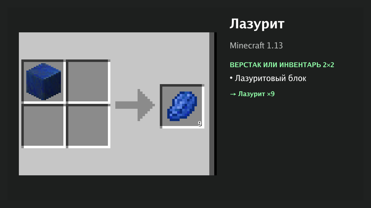 Рецепт: лазурит в Minecraft — лазуритовый блок (верстак или инвентарь 2×2)