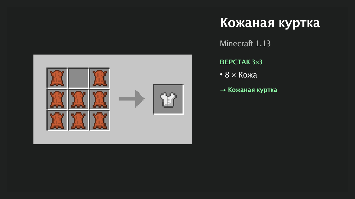 Рецепт: кожаная куртка в Minecraft — 8 × кожа (верстак 3×3)