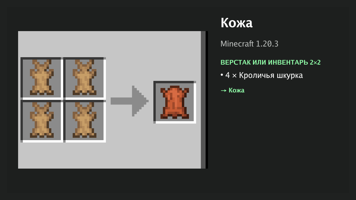 Рецепт: кожа в Minecraft — 4 × кроличья шкурка (верстак или инвентарь 2×2)