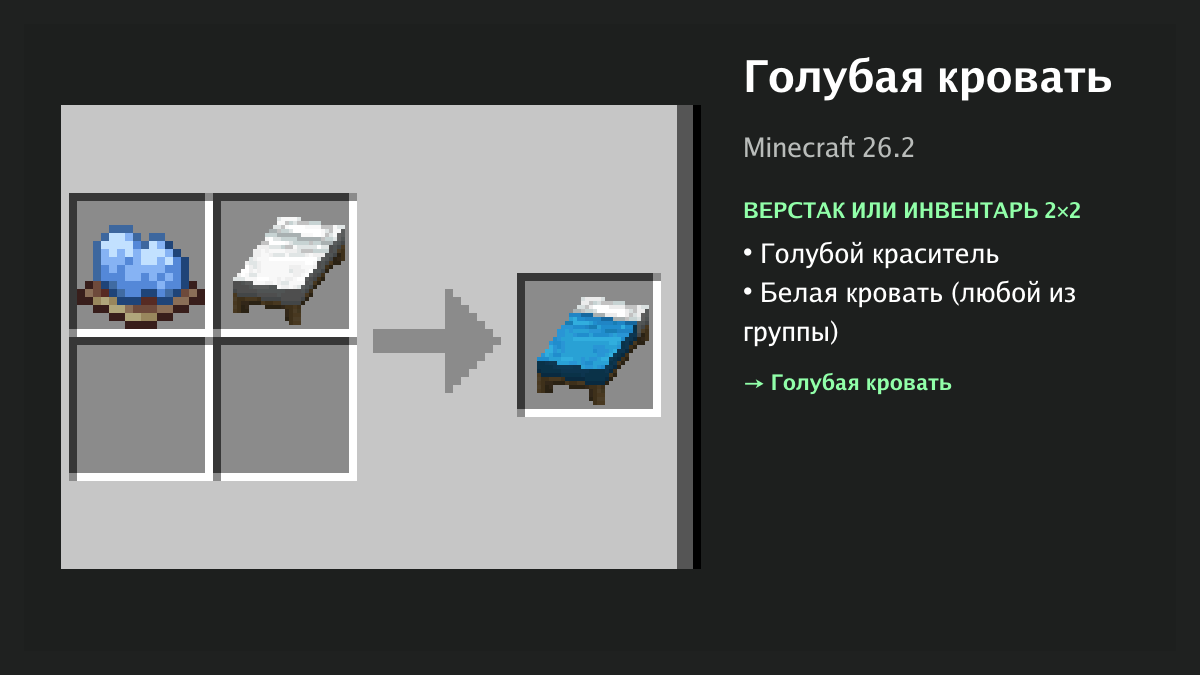 Рецепт: голубая кровать в Minecraft — голубой краситель, белая кровать (верстак или инвентарь 2×2)