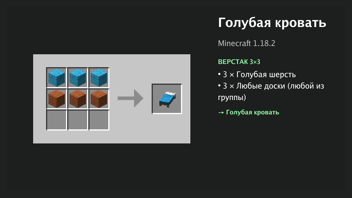 Рецепт: голубая кровать в Minecraft — 3 × голубая шерсть, 3 × любые доски (верстак 3×3)