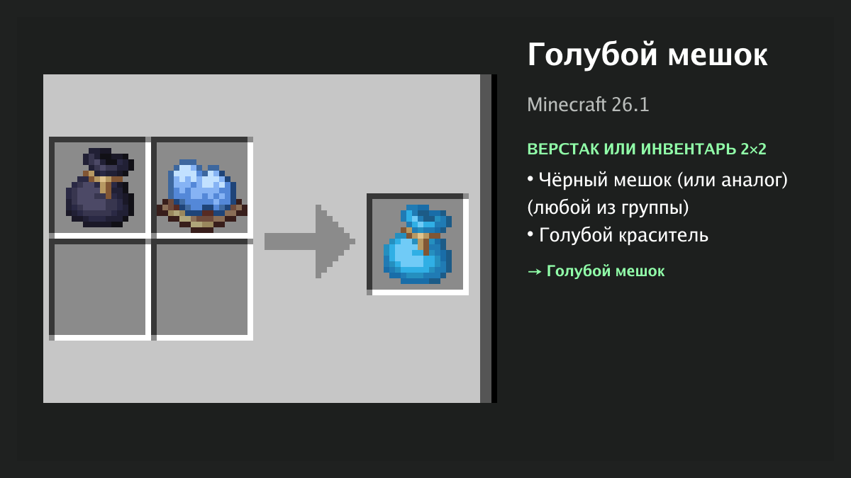 Рецепт: голубой мешок в Minecraft — чёрный мешок (или аналог), голубой краситель (верстак или инвентарь 2×2)