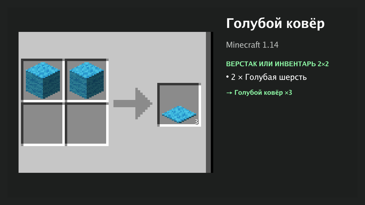 Рецепт: голубой ковёр в Minecraft — 2 × голубая шерсть (верстак или инвентарь 2×2)