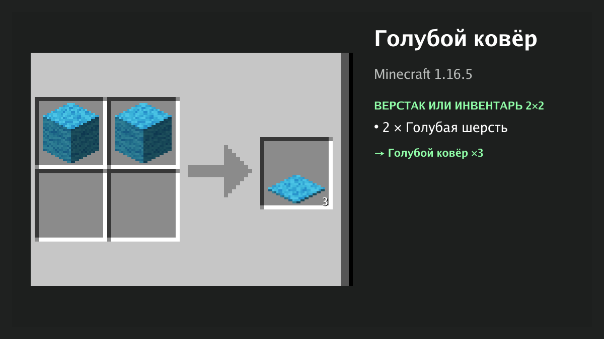 Рецепт: голубой ковёр в Minecraft — 2 × голубая шерсть (верстак или инвентарь 2×2)