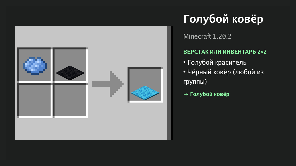 Рецепт: голубой ковёр в Minecraft — голубой краситель, чёрный ковёр (верстак или инвентарь 2×2)