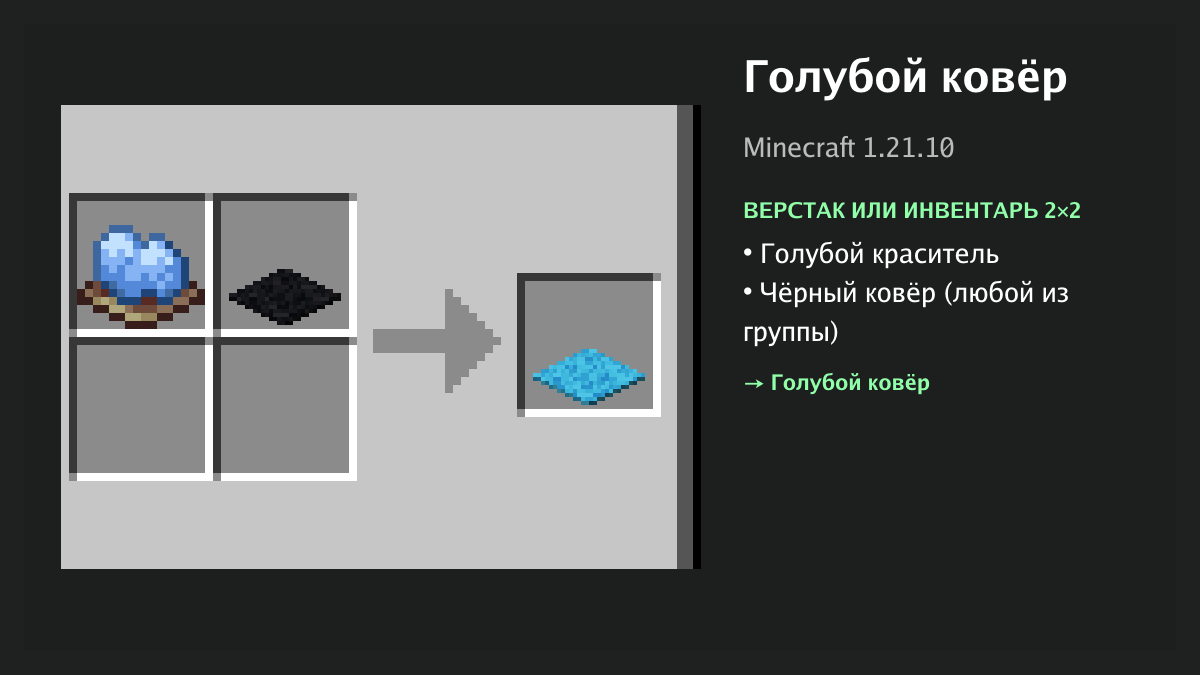 Рецепт: голубой ковёр в Minecraft — голубой краситель, чёрный ковёр (верстак или инвентарь 2×2)