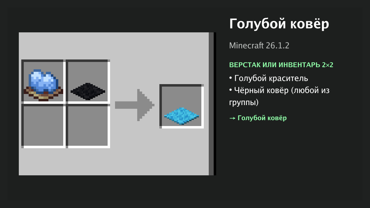 Рецепт: голубой ковёр в Minecraft — голубой краситель, чёрный ковёр (верстак или инвентарь 2×2)