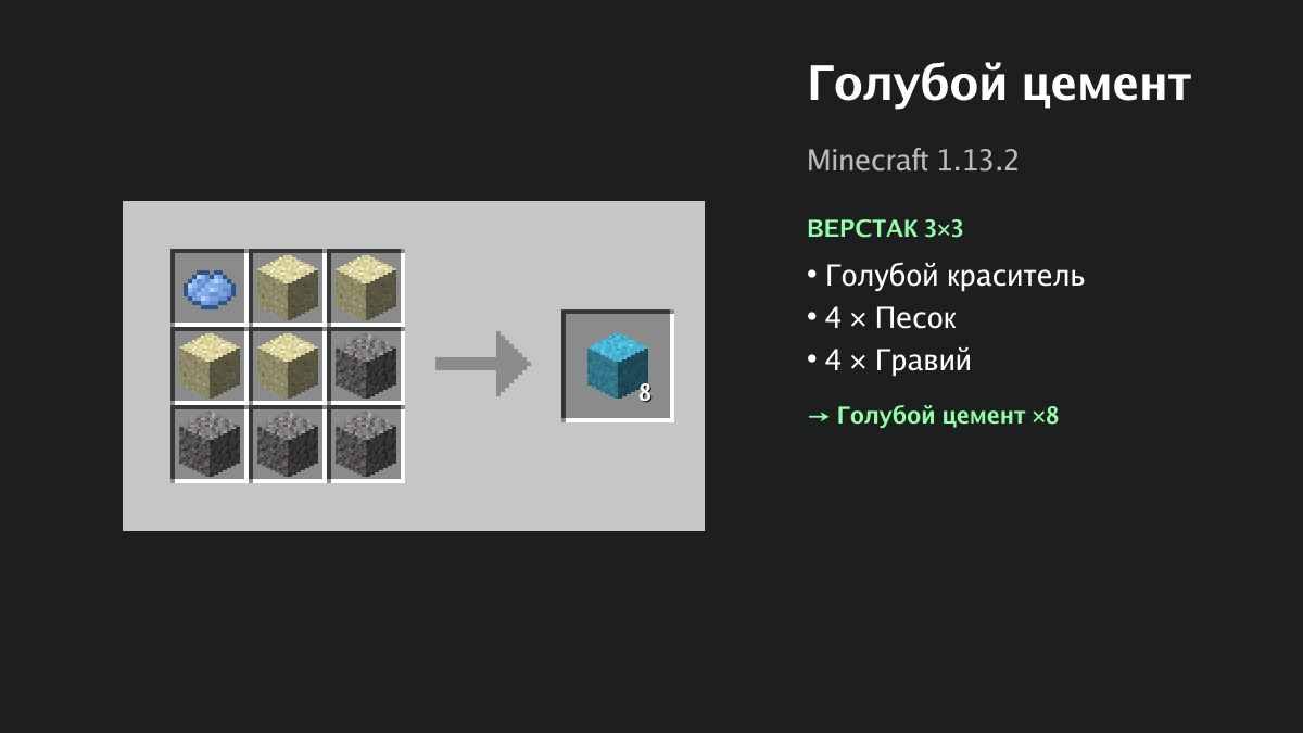 Рецепт: голубой цемент в Minecraft — голубой краситель, 4 × песок, 4 × гравий (верстак 3×3)