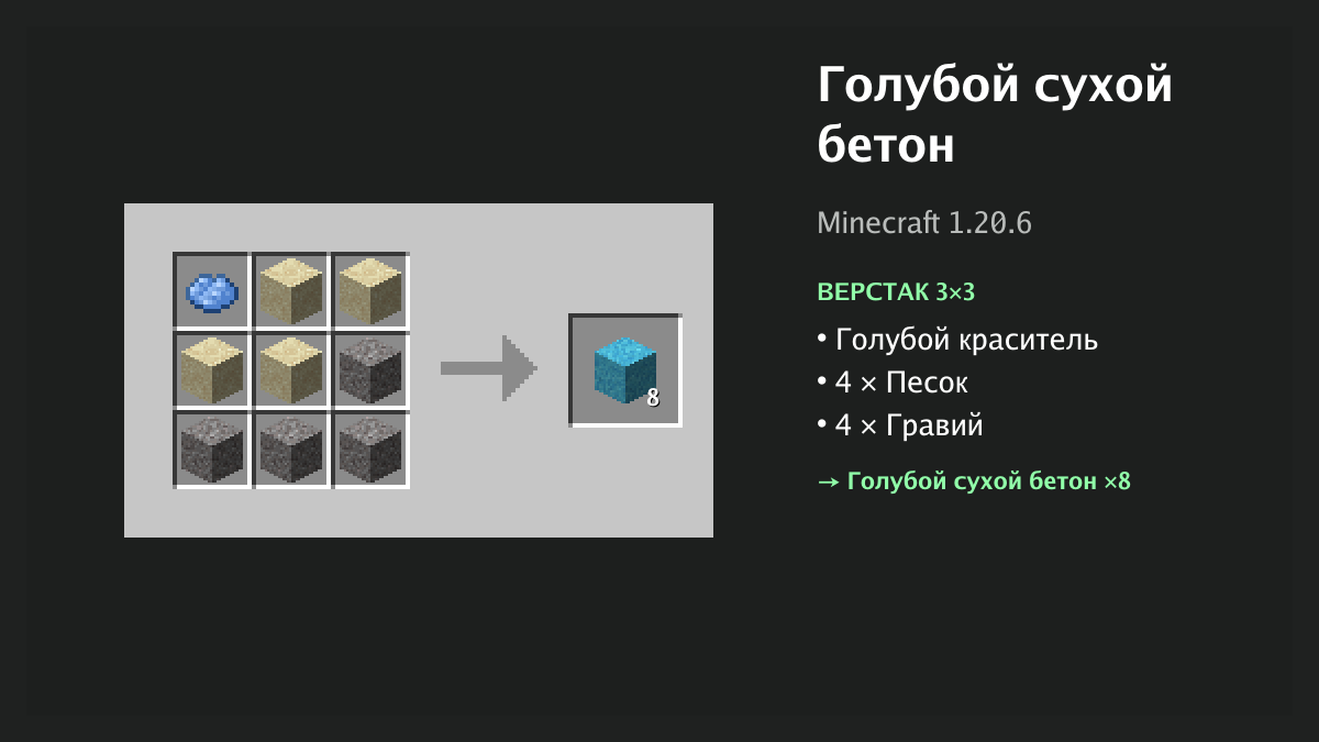 Рецепт: голубой сухой бетон в Minecraft — голубой краситель, 4 × песок, 4 × гравий (верстак 3×3)