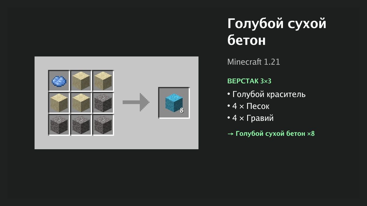 Рецепт: голубой сухой бетон в Minecraft — голубой краситель, 4 × песок, 4 × гравий (верстак 3×3)