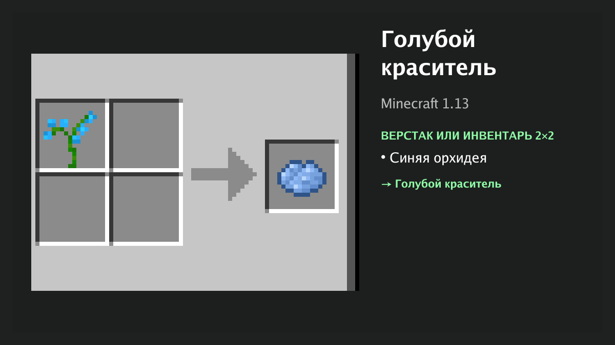 Рецепт: голубой краситель в Minecraft — синяя орхидея (верстак или инвентарь 2×2)